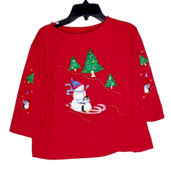 CUTE Snowman & Penguin Red Knit Christmas Holiday Shirt Sz M Petite - Picture 1 of 4